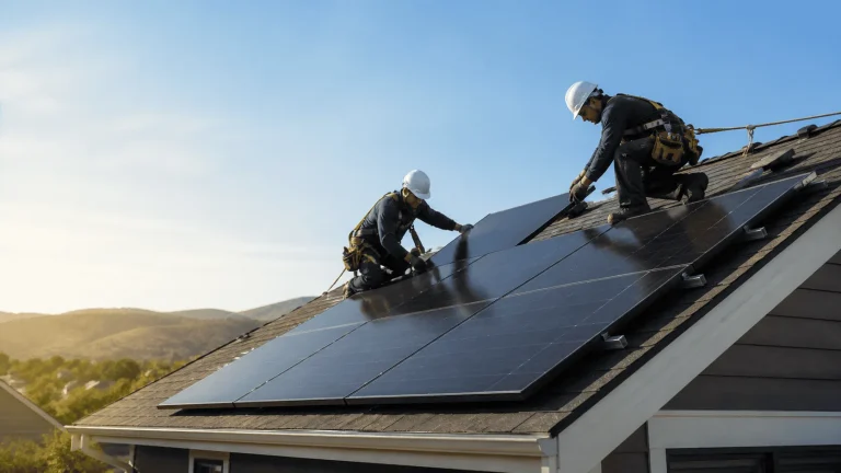 Installers mounting solar modules on a commercial rooftop array.