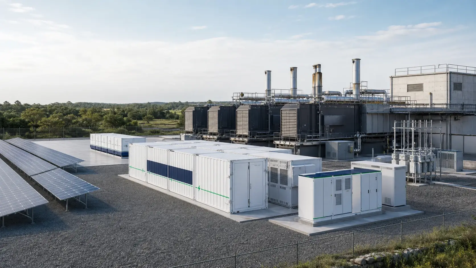 A hybrid retrofit: the generator stays in place and the solar and storage are added alongside it — the configuration where the generator minimum load has to be re-checked.