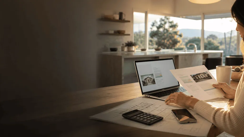 Solar project buyer reviewing documents and a laptop with a calculator during a financing consultation