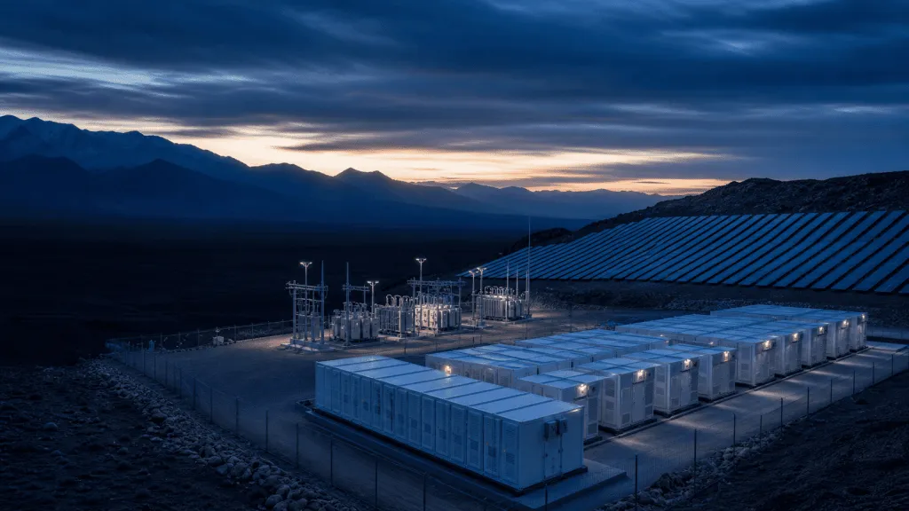Utility-scale solar array with containerized battery storage and a substation at dusk