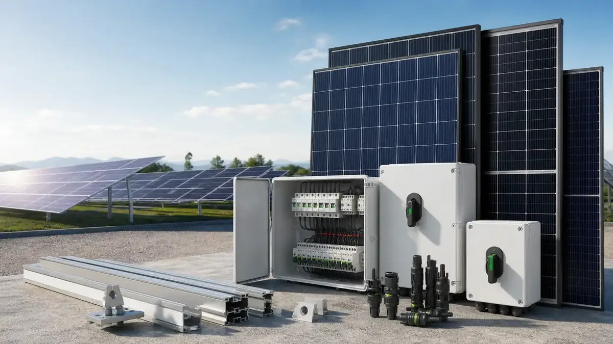 Balance-of-system components: the cabling, protection and mounting hardware that sits between modules and inverter.