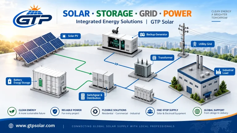 Solar PV, battery energy storage, generator, transformer, switchgear, industrial load and utility-grid system overview.
