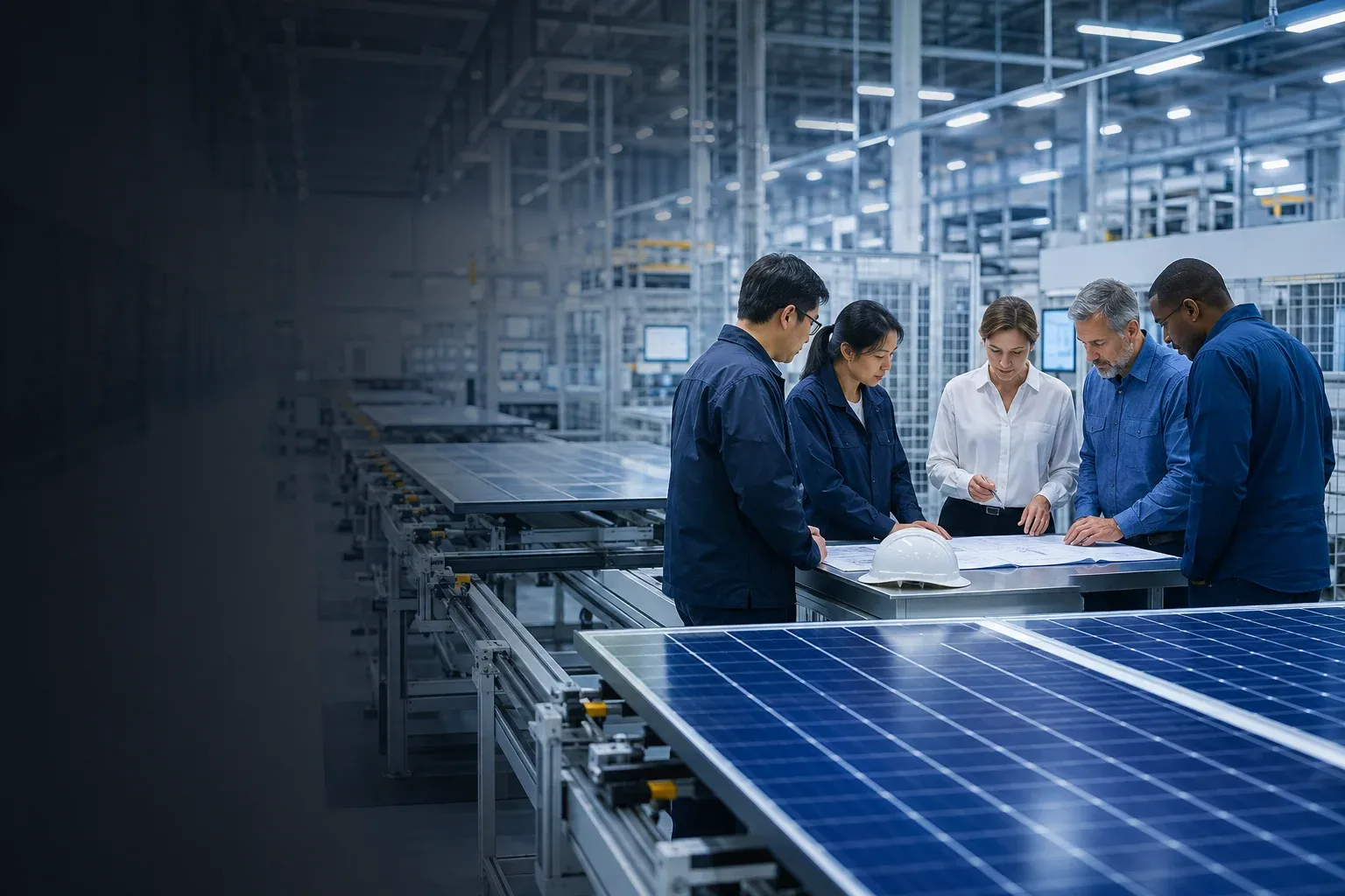 Solar operations and factory supply team coordinating photovoltaic production