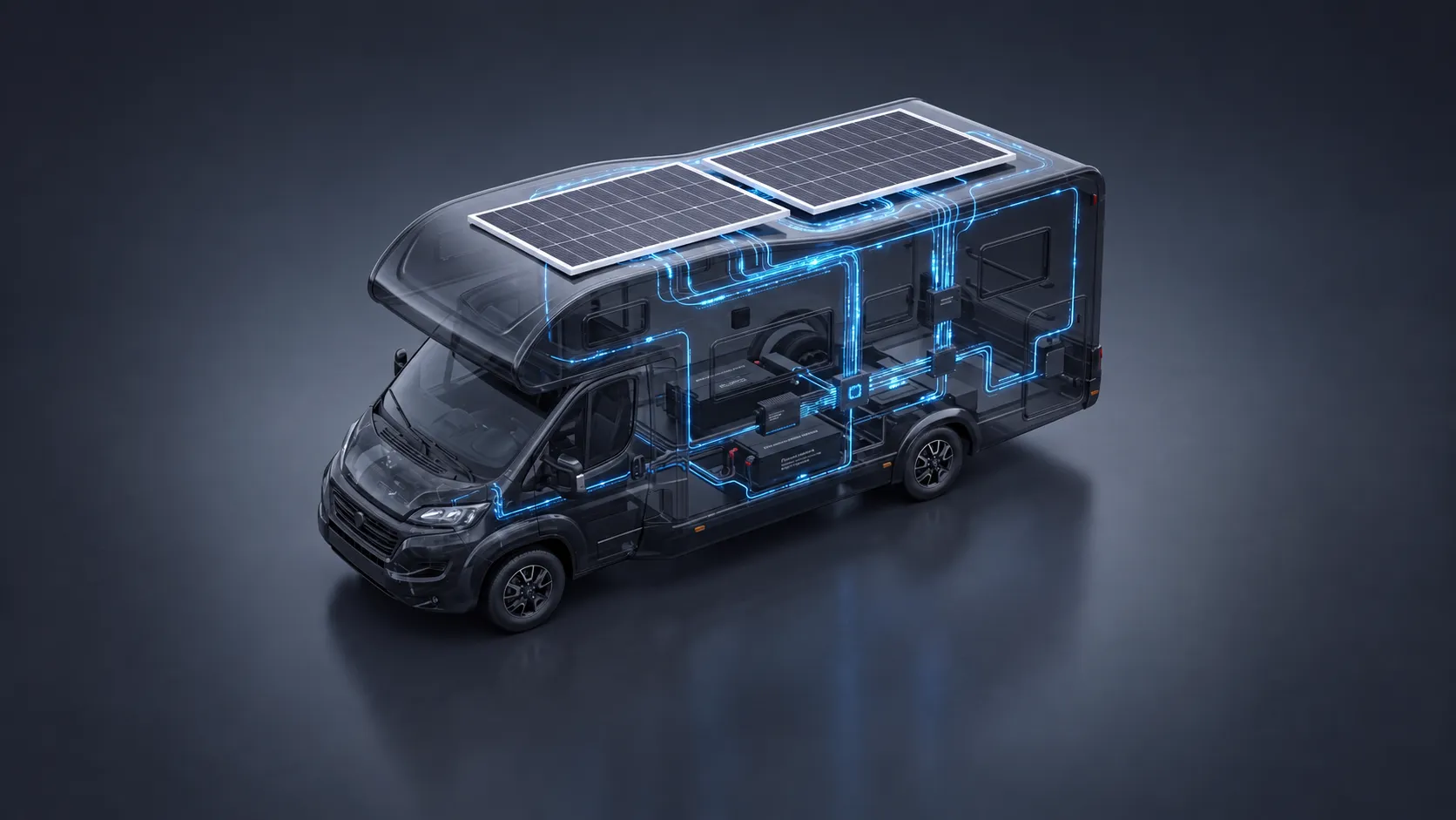 Campervan with rooftop solar modules and lithium auxiliary power