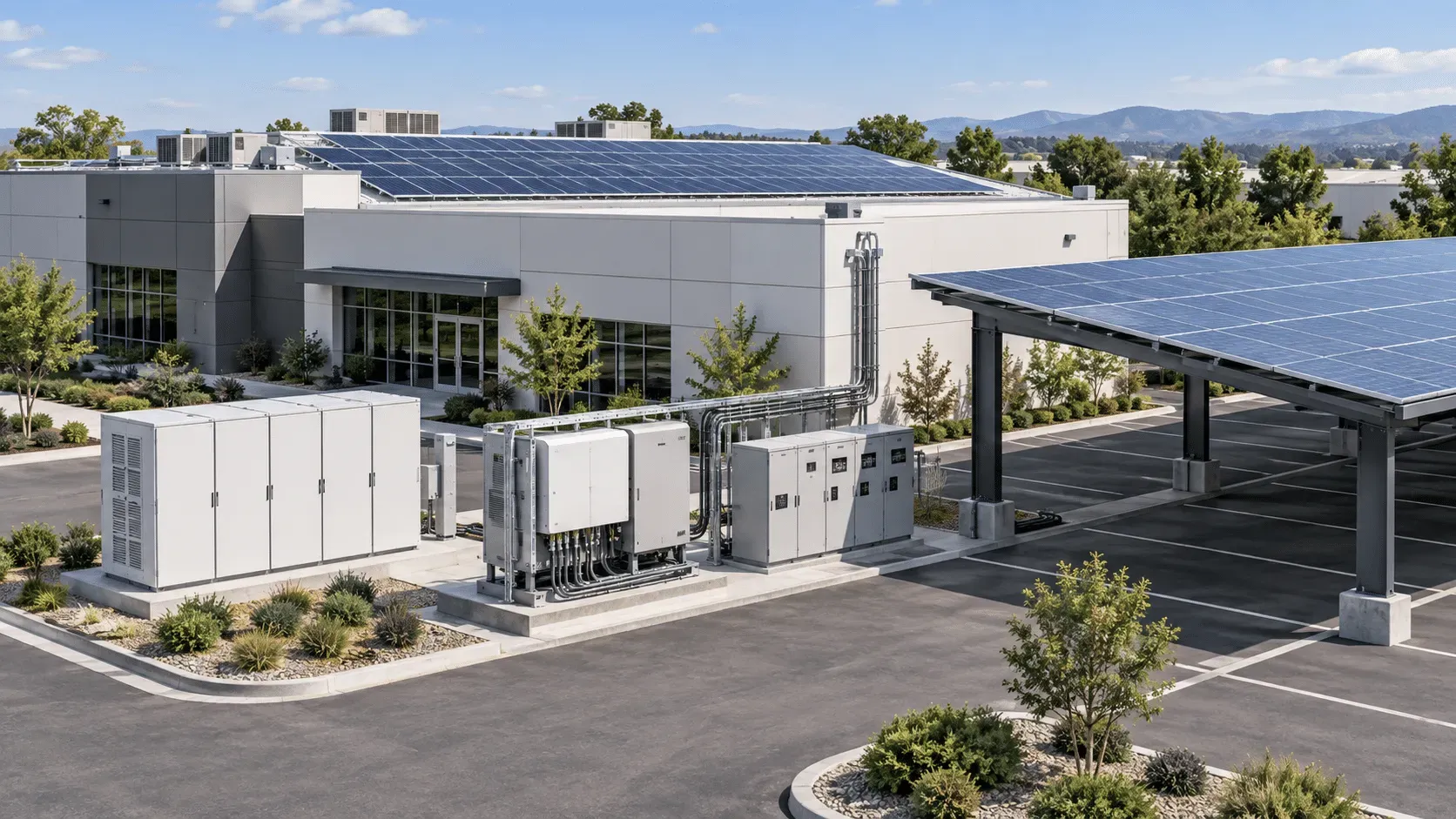 Commercial solar canopy with battery storage and power conversion equipment — the three blocks that have to be sized together.