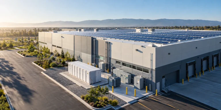 Commercial rooftop solar with battery storage, transformer and distribution equipment.