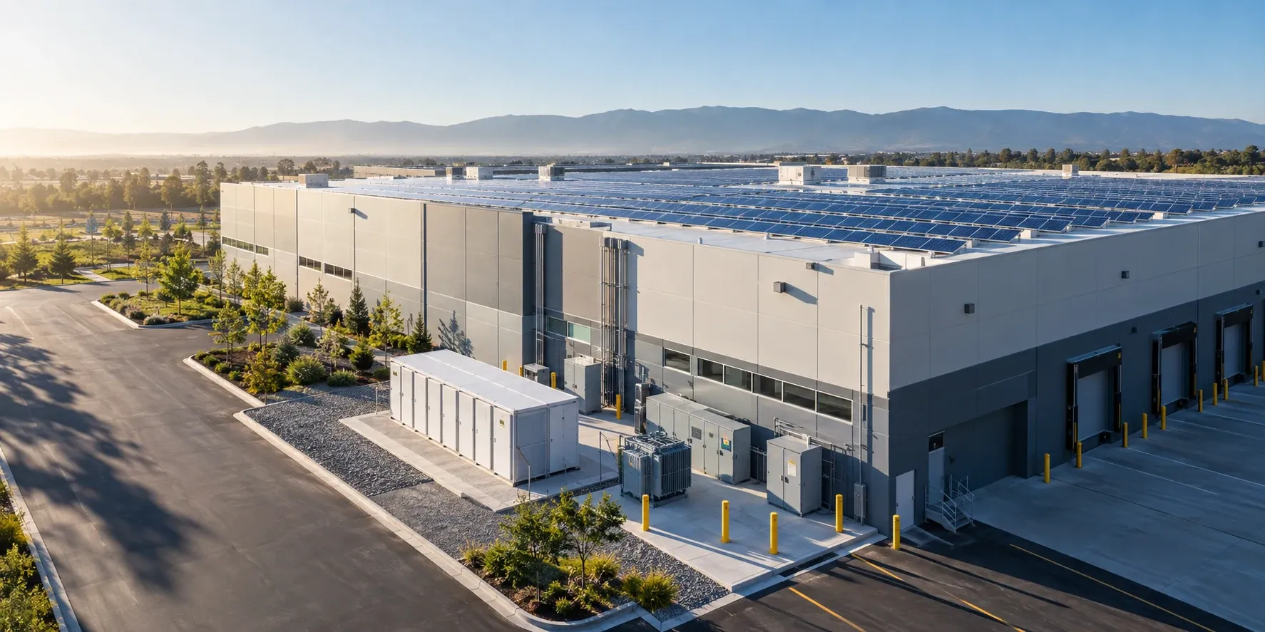 Commercial solar, storage and distribution equipment at an industrial facility