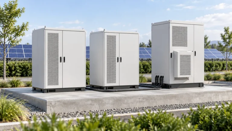 Outdoor commercial battery energy storage cabinets with power-conversion equipment beside a solar array.