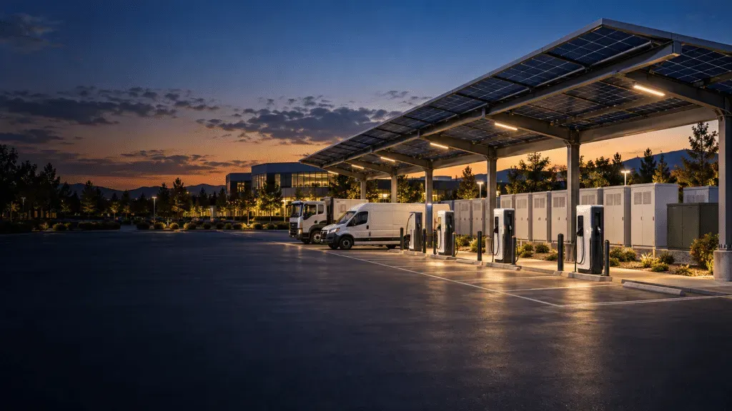 Commercial solar carport with fast chargers, battery storage and electrical distribution equipment at a fleet charging site.
