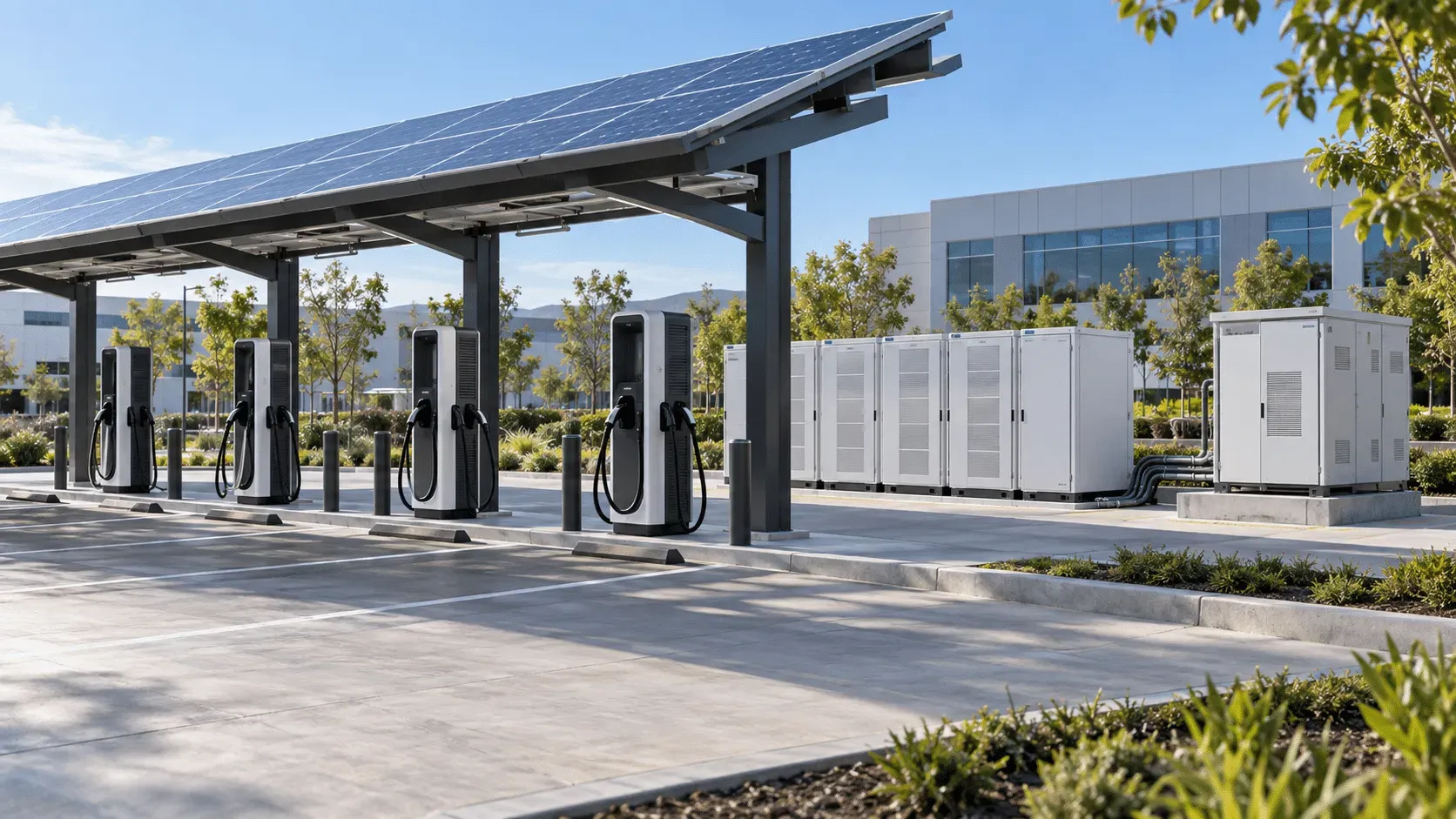 Commercial solar carport with fast chargers and battery storage — the load profile EV sites have to design around.