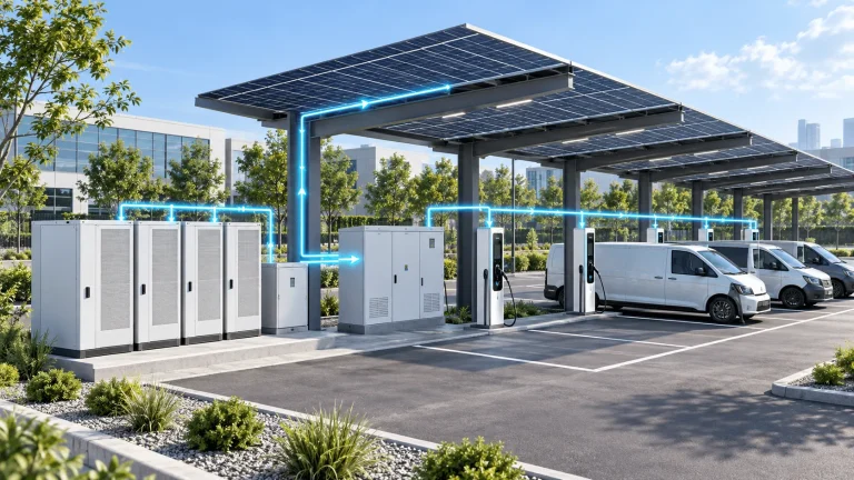 Solar charging canopy with battery storage, switchgear and EV chargers.