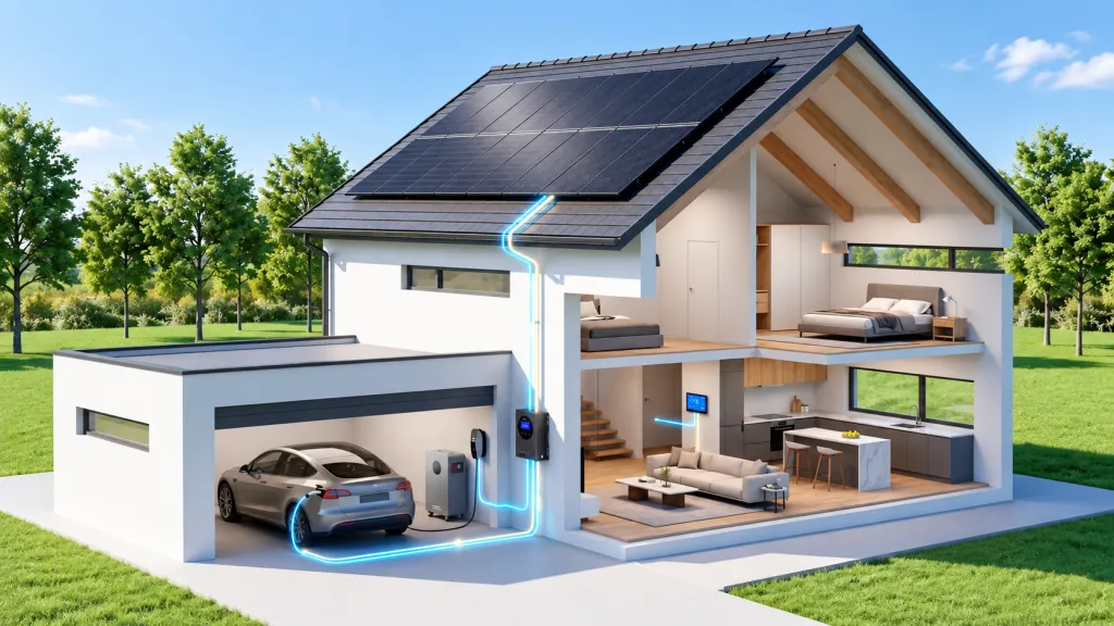 Cutaway view of a home with rooftop solar, home battery storage and an EV charging system