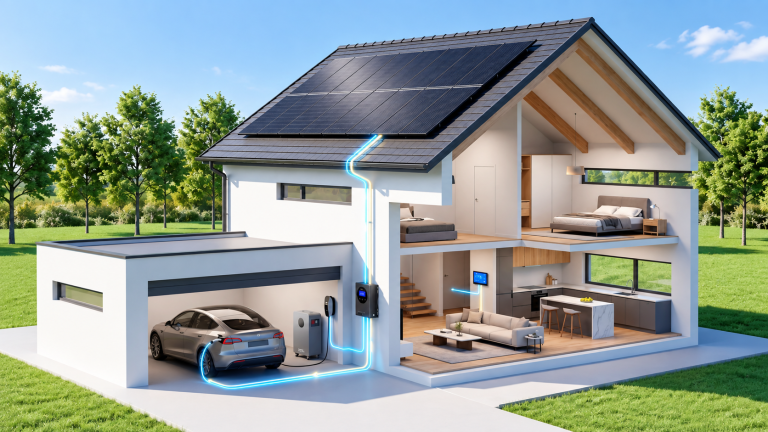 Cutaway view of a home with rooftop solar, home battery storage and an EV charging system