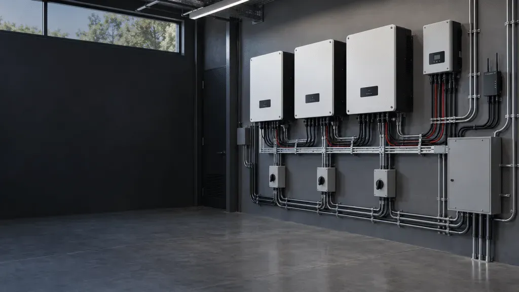 Commercial wall-mounted solar inverters, controllers, monitoring gateway and organized electrical conduits.