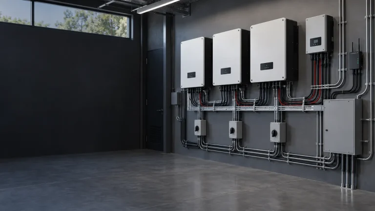 Commercial wall-mounted solar inverters, controllers, monitoring gateway and organized electrical conduits.