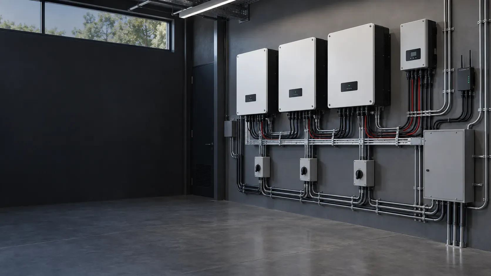 Commercial wall-mounted solar inverters, controllers, monitoring gateway and organized electrical conduits.