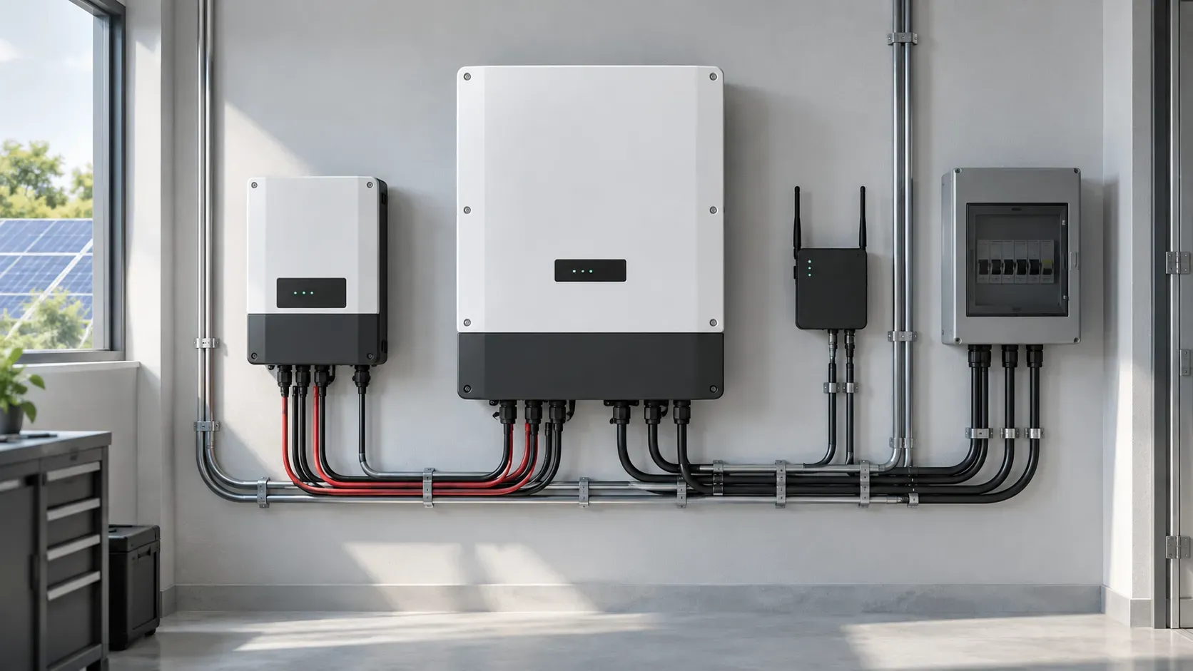 Wall-mounted solar inverter, charge controller, monitoring gateway and electrical distribution panel.