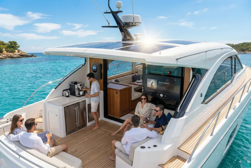 Marine solar modules and house battery system on a vessel.