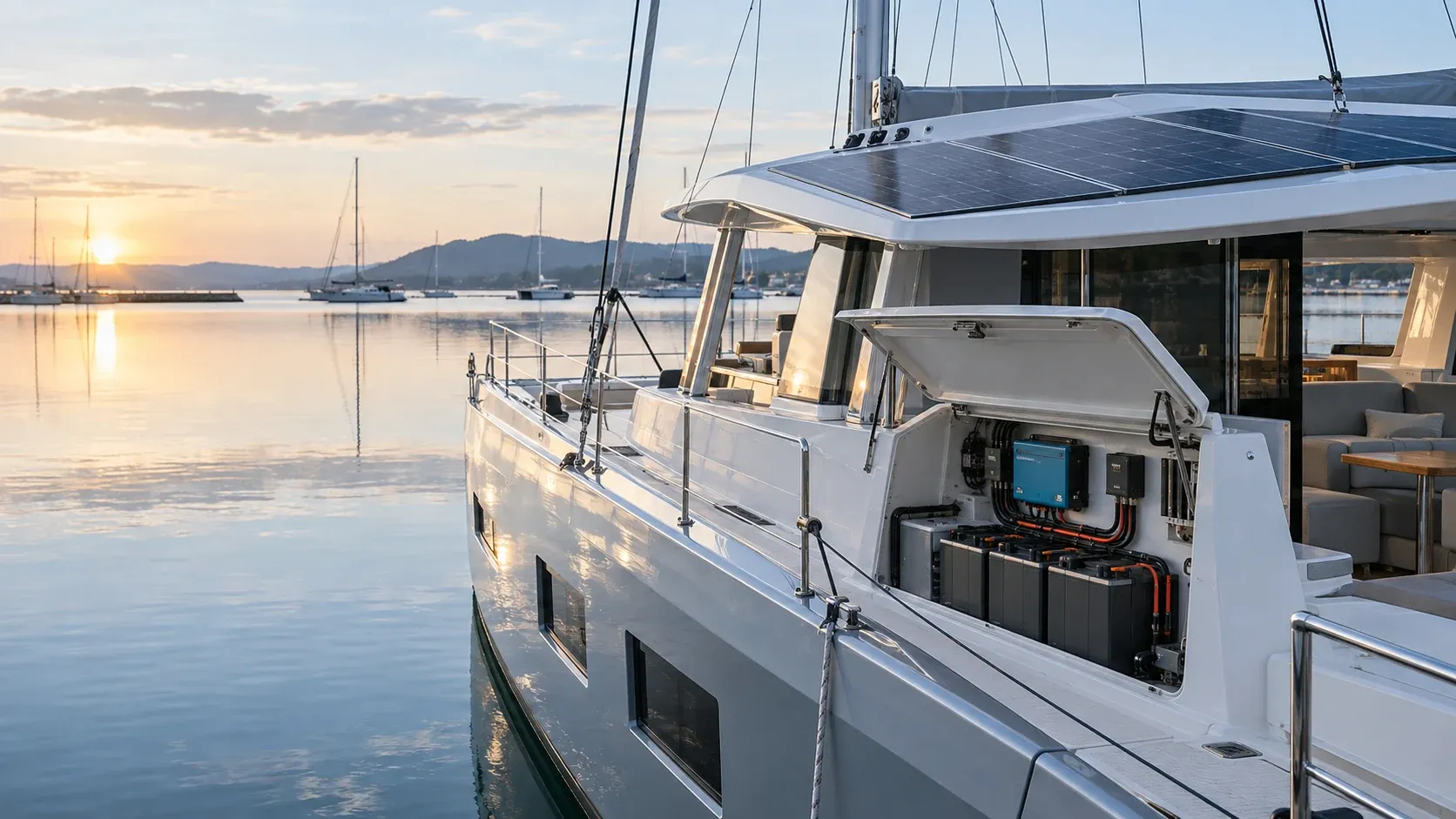Marine solar modules and house battery system — the highest-salt-spray environment in the industry.