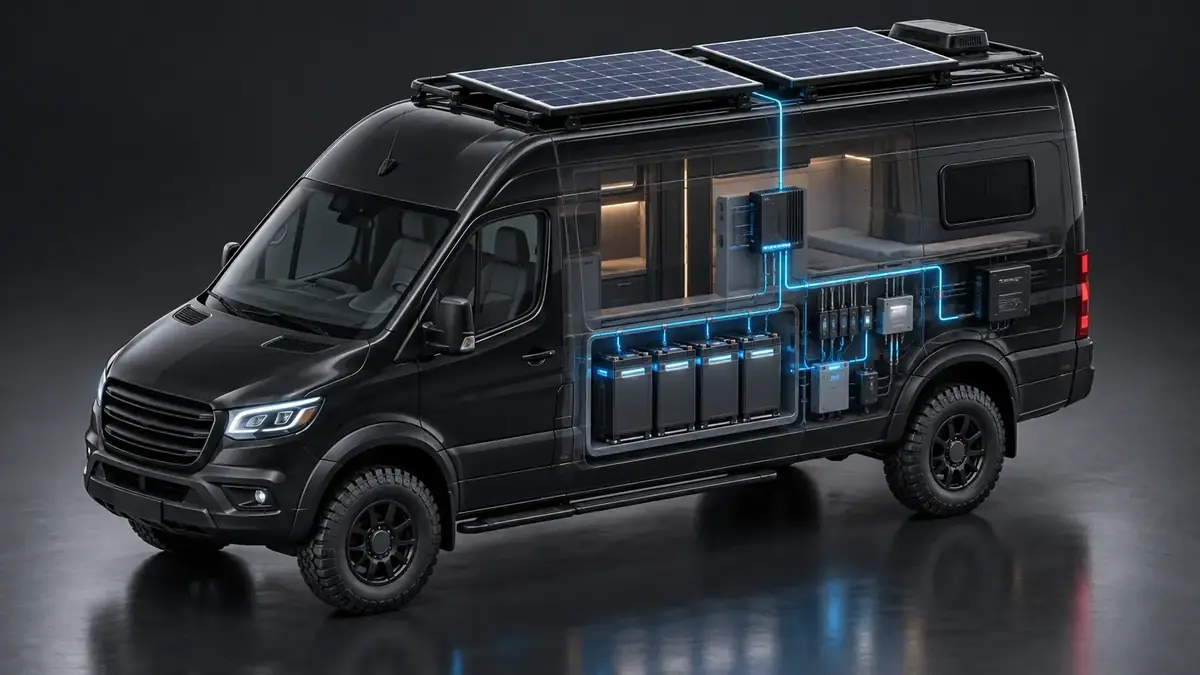 Campervan with rooftop solar modules and auxiliary lithium power system.