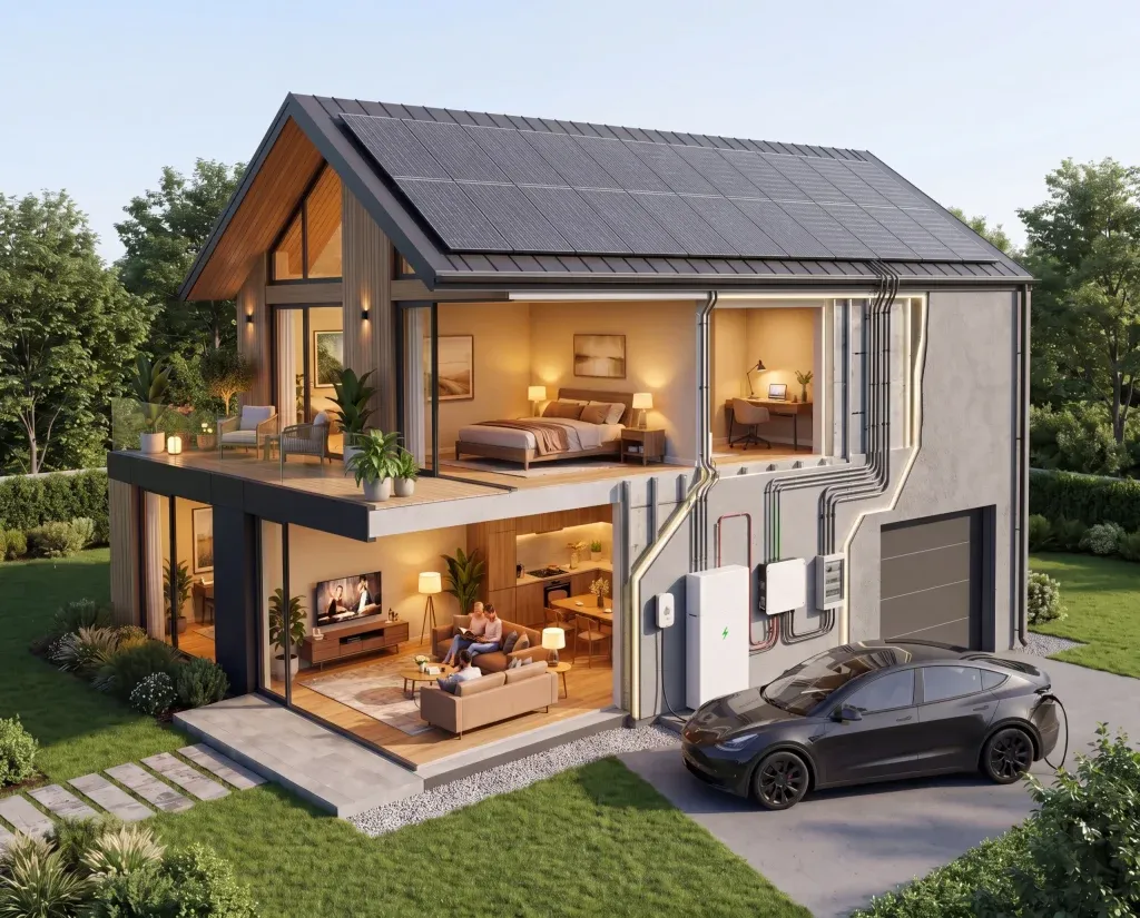Modern home with rooftop solar panels, home battery storage and EV charging system integrated for residential solar