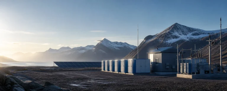 Off-grid solar microgrid with battery storage cabinets in a mountain landscape