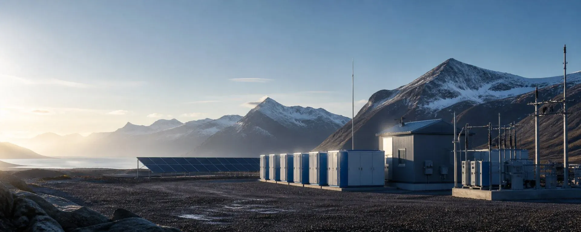 Remote solar microgrid with battery storage for an off-grid power application.