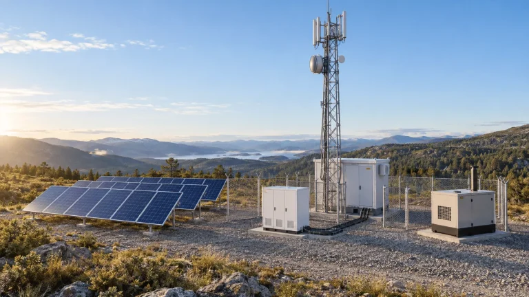 Remote solar array, telecom tower, battery storage, charge controller and backup generator power system.