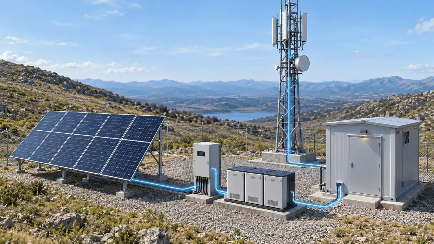 Remote site with solar array, battery storage and telecom load — the order in which off-grid equipment gets specified.