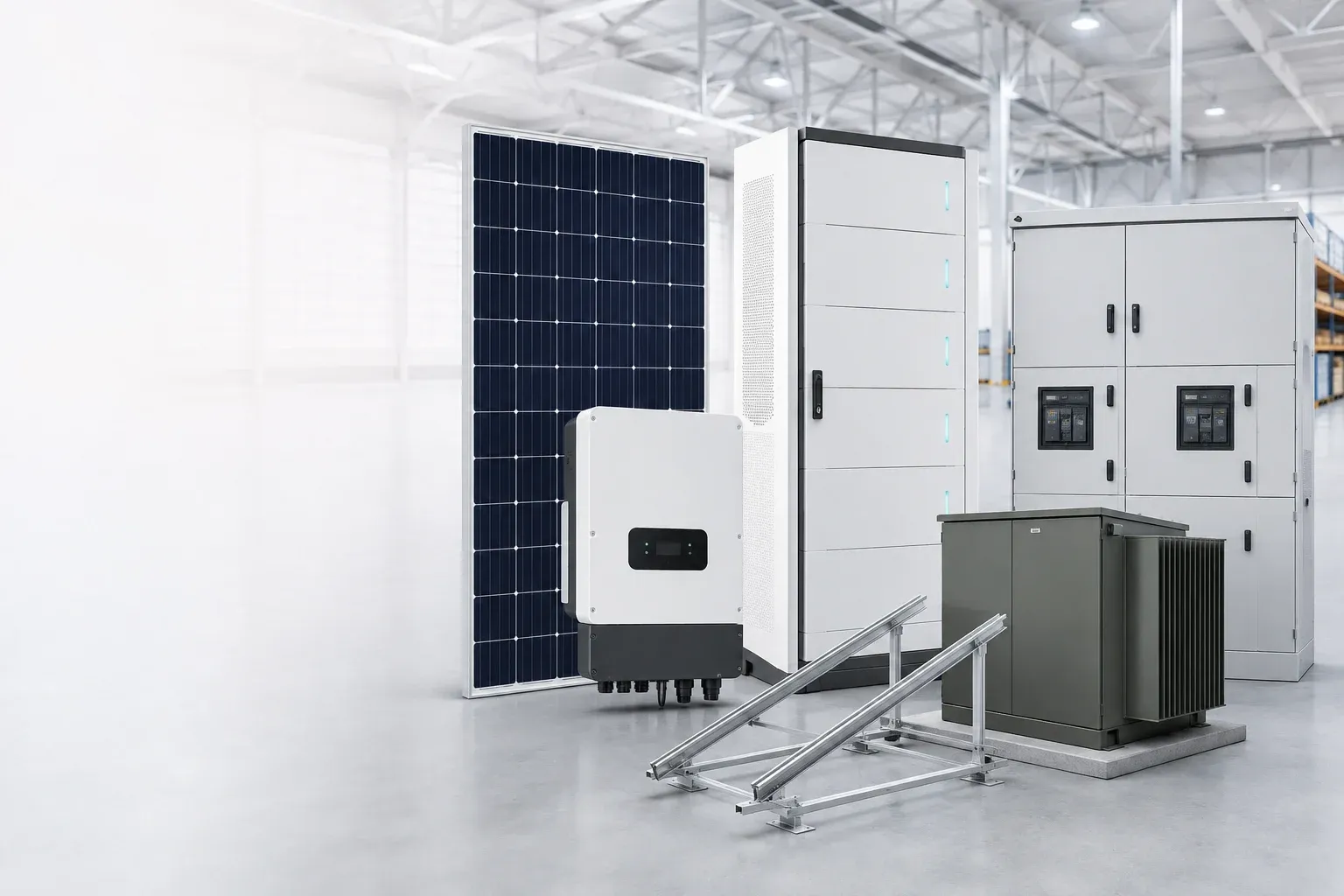 Modules, inverter, battery storage, mounting, transformer and switchgear — the equipment families a board has to coordinate.
