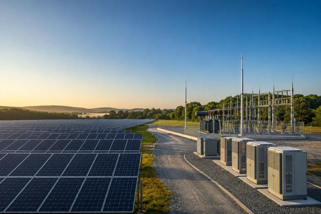 Utility-scale solar field with transformer and substation equipment.