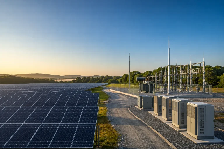 Utility-scale solar field with transformer and substation equipment.