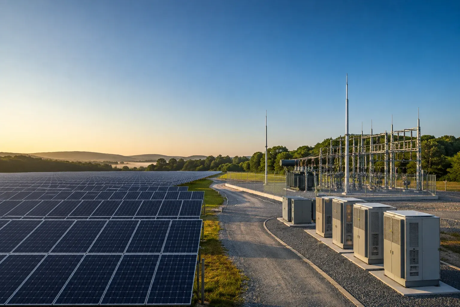 Solar field with battery energy storage equipment and grid substation.