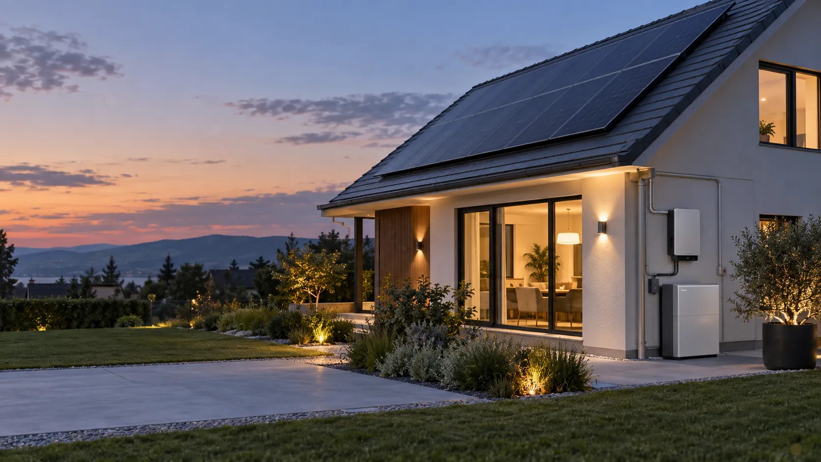 Modern home with rooftop solar and home battery storage