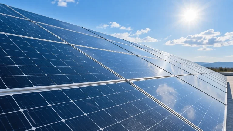 Black photovoltaic modules on a commercial rooftop with visible mounting rails and clamps.
