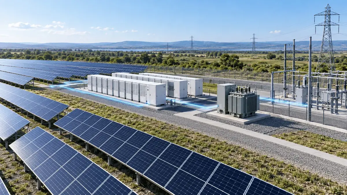Utility solar arrays, battery storage and transformer — where the DC/AC ratio shows up as clipping or as headroom.