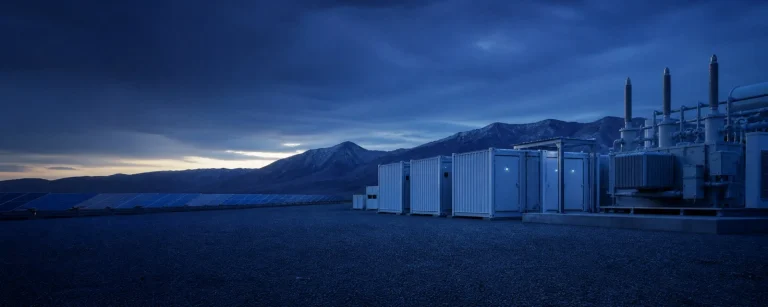 Utility-scale battery energy storage containers and transformer at a solar farm at dusk
