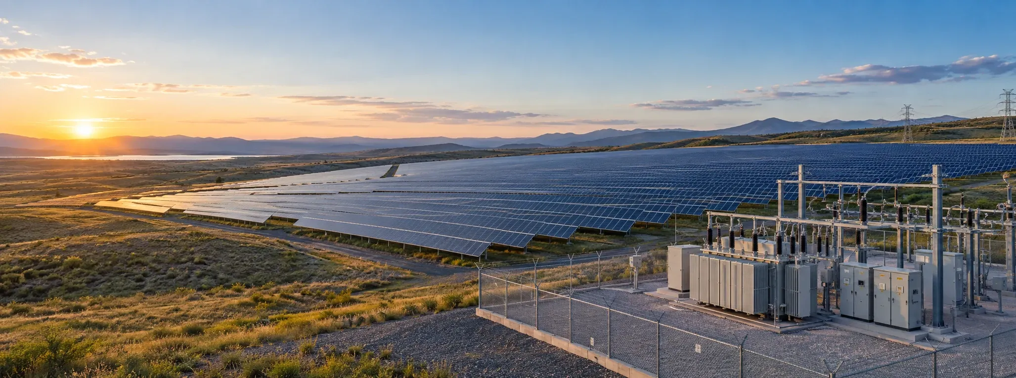 Utility-scale solar array mounted on ground-fixed structures.