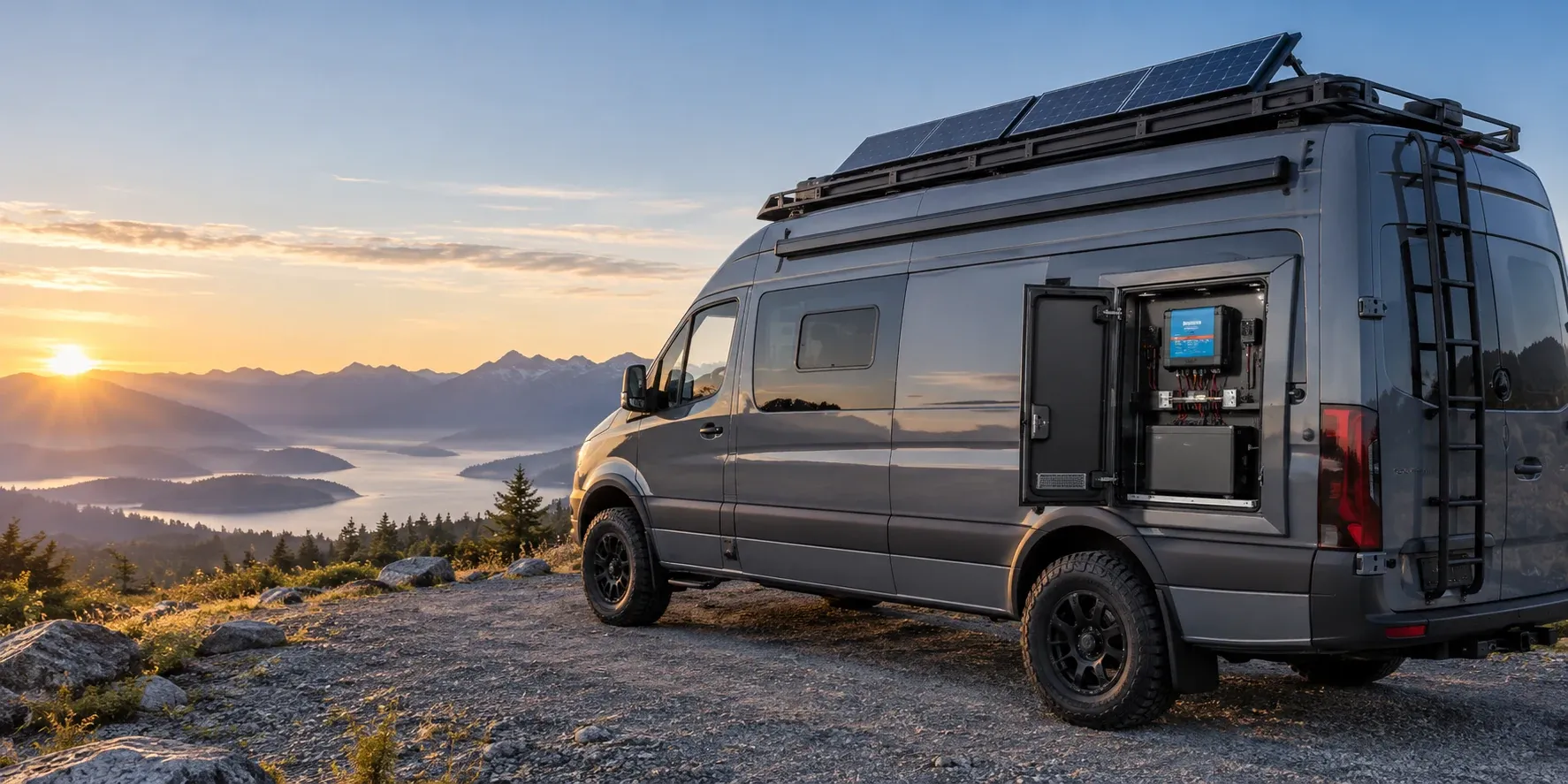 Mobile auxiliary solar and lithium power system on a field vehicle.