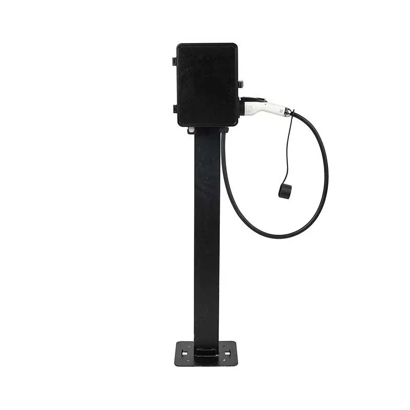 Black AC charging unit on a pedestal, with a tethered cable