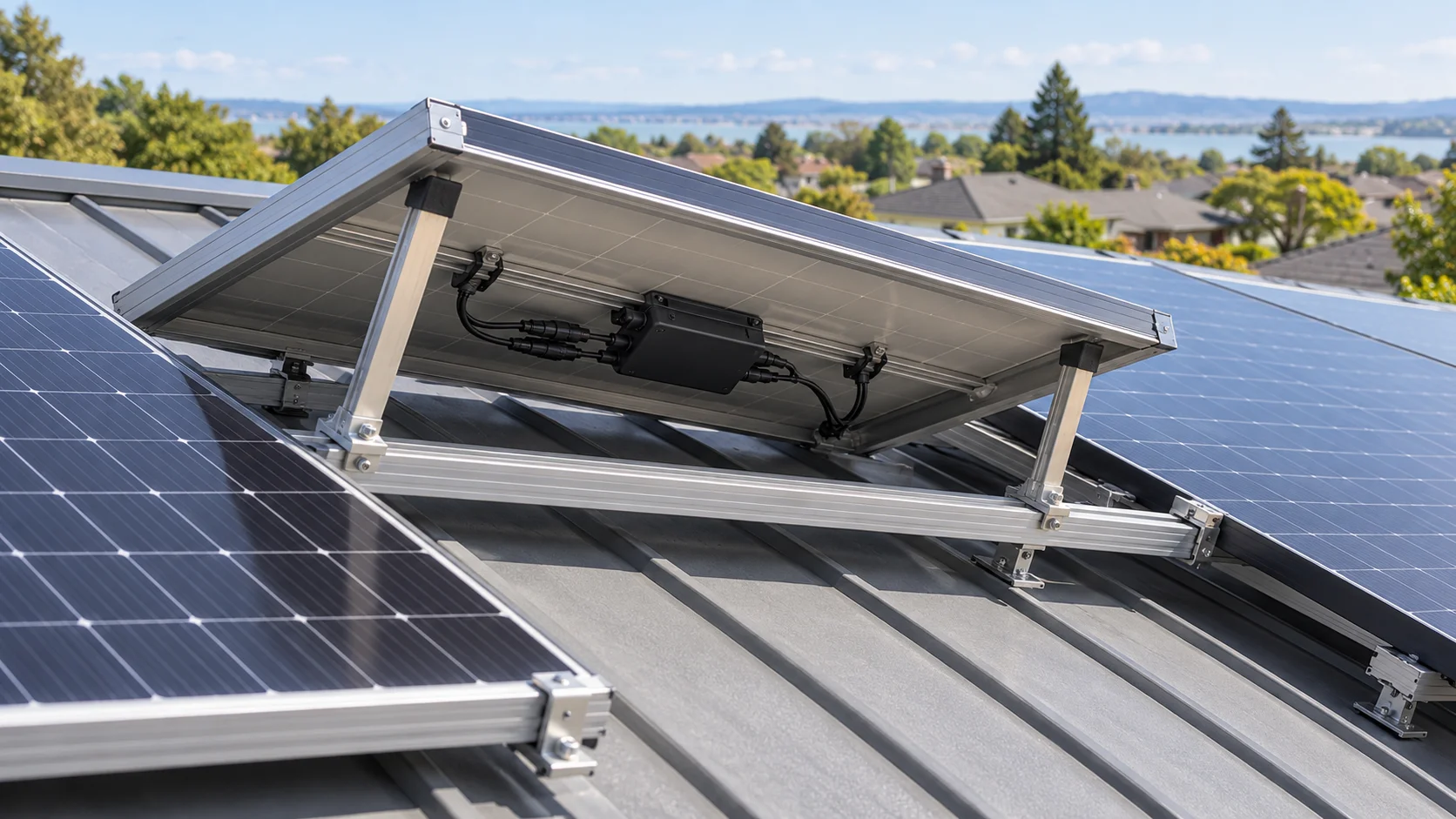 Illustration of rooftop solar mounting rails and electrical connections beneath a module