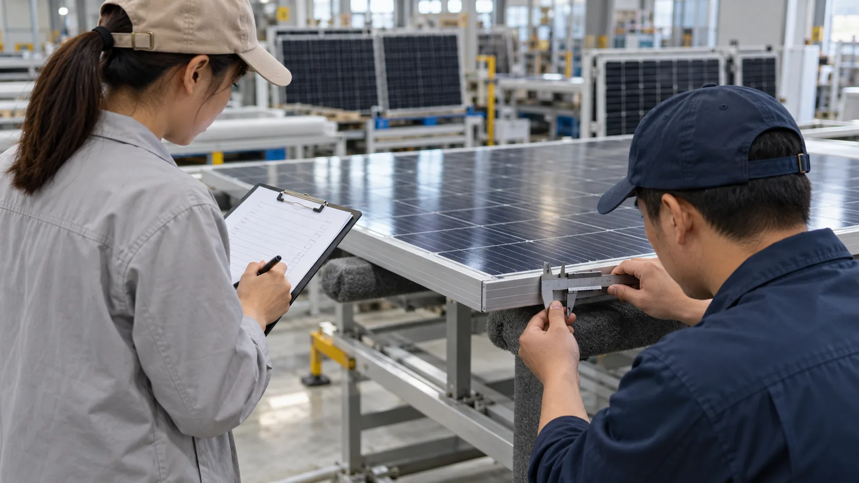Illustration of solar module frame measurement with a caliper and inspection checklist